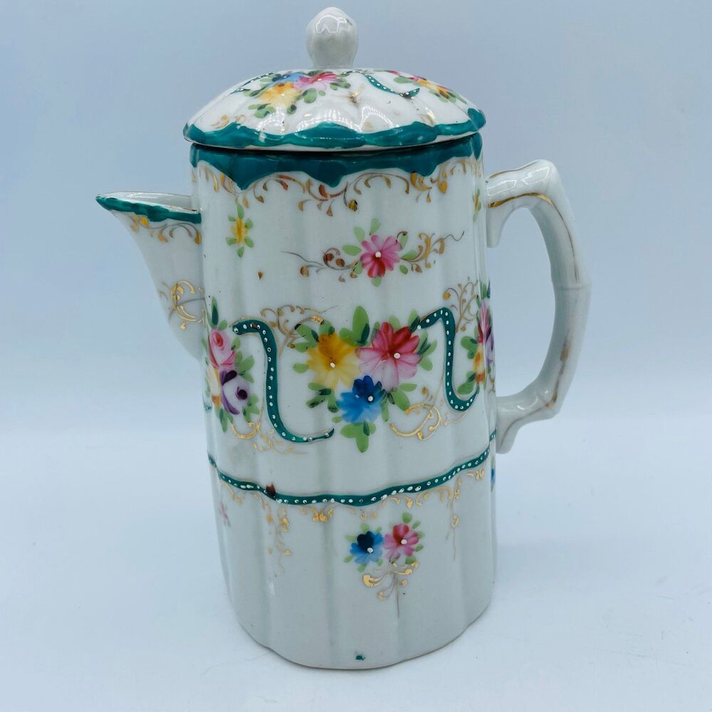 Vintage Porcelain Hot Chocolate Pot Pitcher With Lid Hand Painted Floral Green